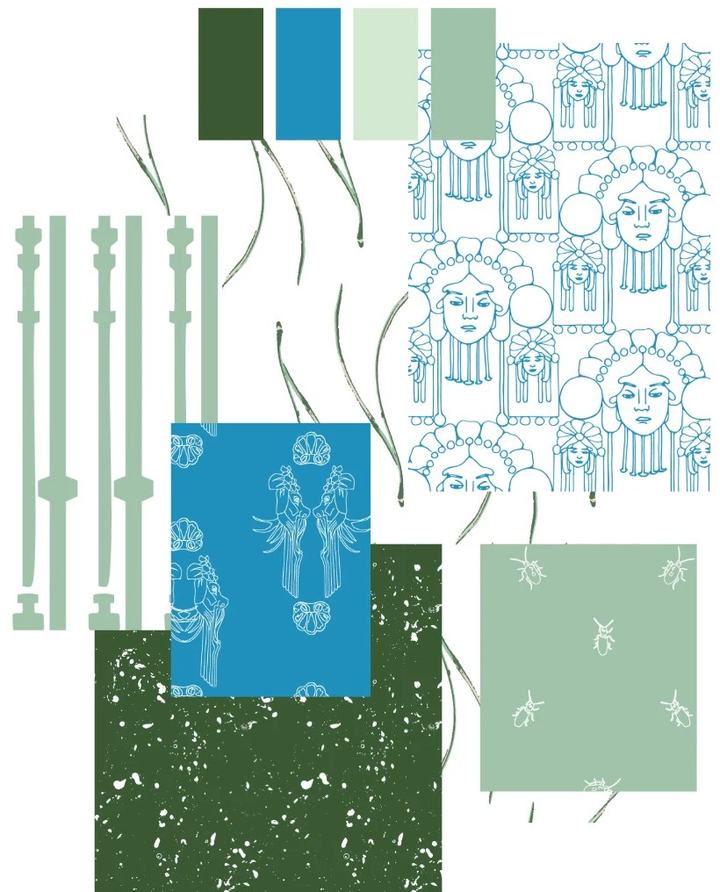 1900 Whispers moodboard: turquoise and green patterns