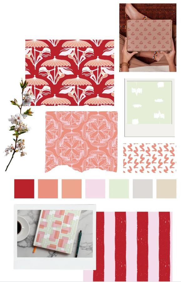 Dolce Mio moodboard: red, coral and pastel patterns