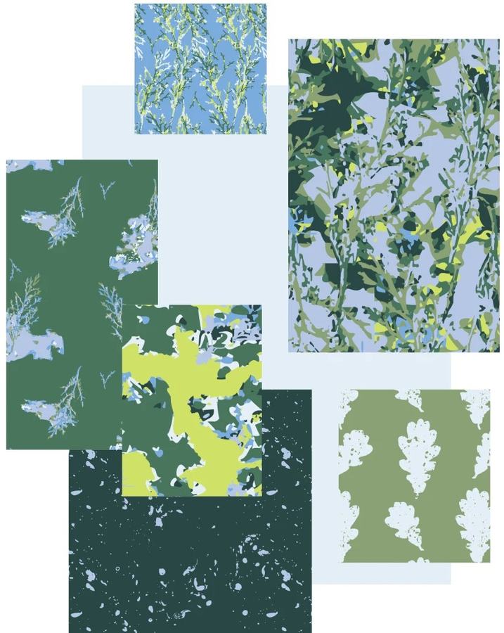 Wild & Bewildered moodboard: overgrown green and lilac patterns